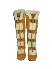 Vintage Rare Oldmaine Trotters Tan Suede Leather Cream Faux Fur Gold Buckles Mod Caged Gladiator Go Go Chunky Heels Winter Boots