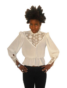 Vintage Off White See Thru Sheer Embroidered Floral Lace Blouson Blouse