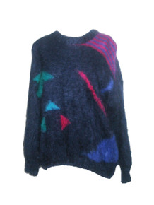 Vintage The Gold Label Designer Collection Blue Multi-Color Abstract Pattern Fuzzy Slouchy Oversize Pullover Sweater