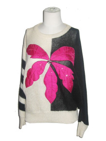 Vintage Janine Lo Color Block Striped Big Flower Applique Embroidered Beaded Scoop Neck Dolman Pullover Slouchy Sweater 