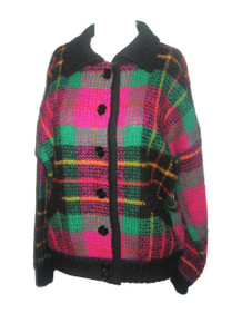 Vintage Marisa Chistiana Multi-Color Plaid Buttoned Oversize Collegiate Boyfriend Sweater Cardigan 