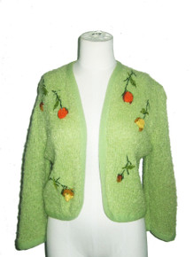 Vintage Exclusive Fashions By Rosanna Green Multicolor Floral Ribbon Felt Embroidered Rhinestone Embellished Sweater Cardigan