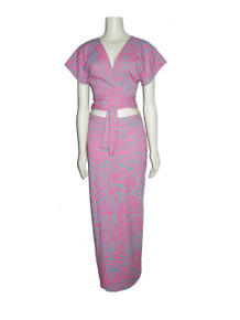 Sale POYZA One Of A Kind Pink Grey Aztec Print Vintage Fabric Crop Tie Waist Shrug & Long Bodycon Skirt 2pc Outfit