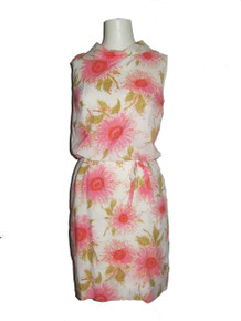 Vintage Off  White Multi-Color Floral Sunflower Print Fold Over Portrait Collar Sleeveless Blouson Short Mini Mod Dress 