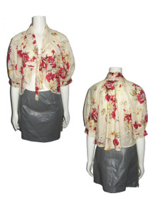 POYZA Biege Multicolor Floral Print Sheer Cotton Voile Tie Neck Puff Bellow Sleeve Cover-up Shrug Jacket 