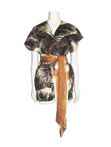 Sale POYZA Vintage Fabric Design Coconut Trees Tropical Print Plunging Neck Plunging Neck Dolman Sleeve Romper Jumpsuit w/ Contrast Sash Belt