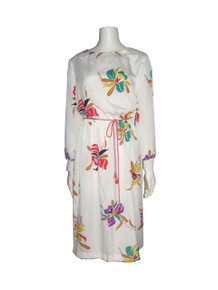 Vintage Sue Brett White Multi-color Floral Print Disco Dress w/ Rope Belt 