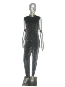 Vintage Black Metallic Silver Lurex Sparkle Sleeveless Fitted Stirrup Stretch Knit Bodysuit Jumpsuit 