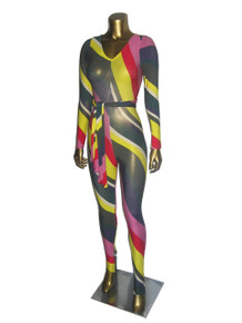 Sale POYZA Multicolor Diagonal Stripe Rayon Stretch Bodycon Double V-nk Long Sleeves Stirrup Catsuit Bodysuit Jumpsuit w/ Matching Belt