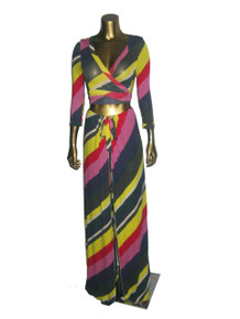 POYZA Multicolor Diagonal Stripe Rayon Stretch 2Pcs Tie Waist Crop Shrug+ Wide Leg Palazzo Wrap Tie Waist Pants