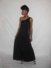 Vintage Absolutely Stunning Black Asymmetrical One Shoulder Long Overlay Fringe Trim Grecian Disco Mod Wide Leg Palazzo Hostess Dress Jumpsuit 