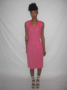 Vintage Hand Loomed By Jorami Pink Sleeveless Scoop Neck Contrast Trim Belted Sweater Knit Dress 