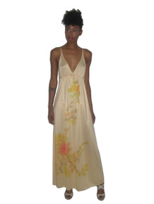 Vintage Kayser Peach Multi-Color Floral Print Empire Waist Multi-Functional Long Strappy Nightgown Slip Disco Dress 