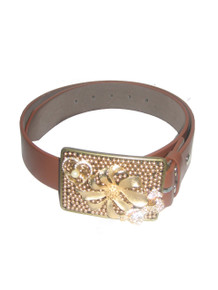 Beaded Impressions Brown Leather Belt w/ Floral Bow Jewels Rhinestone Beaded Buckle 