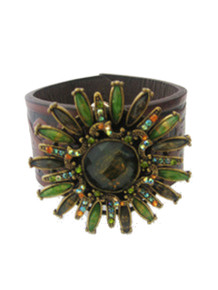 Beaded Impressions Brown Black Decorative Leaf Inlay Leather Cuff w/ Green Multicolor Jeweled Flower 