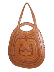 Vintage Tan Brown Hippie Boho Large Tooled Engraved Decorative Inlay Tote Leather Handbag