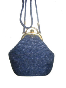 Vintage Hand Made Blue Woven Straw Raffia Gold Metal Lined Cross  Body Cute Little Handbag