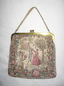 Vintage Large Multi-Color Gold Detail Victorian Lady & Man Floral Tapestry Clasp Closure Handbag