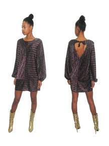 POYZA Multi Metallic Horizontal Vertical Color Block Stripe Sweetheart Tunic Dress