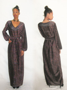 POYZA Multi Metallic Horizontal Stripe V-Neck Long Dress W/ Belt