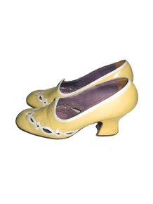  Vintage Jerry Edouard Yellow White Cut Out Chunky High Heel Leather Shoes  