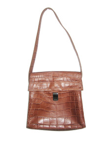 Vintage Furla Made In Italy Brown Embossed Crocodile Leather Flap Closure Signature Lined Kelly Handbag