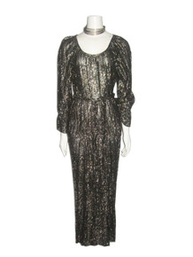 Vintage Stunning Metallic Gold Lurex Lame Black Sheer Drop Waist Disco Grecian Disco Boho Long Dress w/ Knotted Belt 