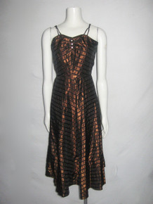 Vintage Bronze Black Mitered Chevron Striped Strappy Shirred Bodice Rhinestone Buttons Taffeta Dress 