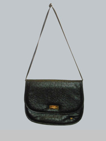 Vintage Designer Nina Ricci Ostrich Black Textured Leather Gold Metal Hardware Flap Closure Pouch Large Envelope Knotted Shouder Strap Handbag