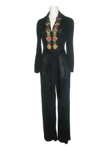 Vintage Young Edwardian By Arpeja Black Multicolor Floral Embroidered Disco Mod Belted Jumpsuit