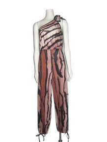 Vintage Stunning Cattani Of California Made In USA Nylon Animal Print Asymmetrical One Tie Shoulder Disco Harem Jumpsuit Size Small