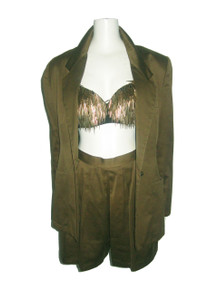 Vintage Anne Klein Olive Green  Cotton Sateen Buttoned Blazer Jacket w/ Matching Pleated Shorts 2pc Outfit Ensemble 