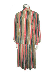 Vintage Anne Klein For New Aspects Multi-color Vertical Stripe Off Center Buttoned Placket Blouse w/ Matching Gathered Skirt 2pc Outfit Ensemble 