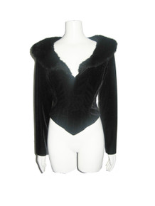  Vintage Patra Black Stretch Velour Faux Fur Shawl Collar Sweetheart  V-Neck Bustier Long Sleeve Cropped Fitted Blouse Top 
