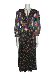 Vintage Montage By Mosaic Multicolor Floral Print Tie Neck Tassel Fringe Pleated Ruffle Bohemian Gypsy Long Dress