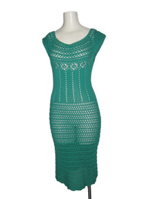 Vintage Green Scoop Neck Extended Cap Sleeve See Thru Crochet Mesh Scallop Edge Panel Jersey Pointelle  Fitted Hippie Boho Knit Dress 