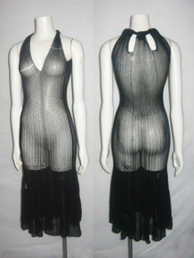 Vintage Plein Sud  Rib Pointelle Drop Stitch Loop Cut Out Detail Sleeveless Sheer See Thru Black  Knit Fitted & Flared Dress 