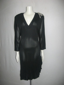 Vintage Zan The Richness That Is Woman Black V-Neck Beads Rhinestones Applique Shoulder Detail Ruffled Slinky Sheer Dress 