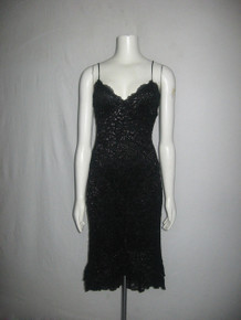 Vintage Betsey Johnson New York Black Metallic Shimmery Lace Strappy High Low Ruffle Tier Dress 