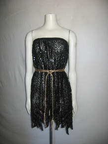 Vintage Black See Thru Sheer Jagged Edge Sequins Beads Rhinestone Jewels Embellish Multi-functional Skirt Tube Top Short Dress 