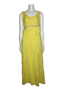 Vintage Yellow Empire Waist Overlay Clear Shell Crystal Glass Beads Embellished Sleeveless Waist Bow Sash Formal Long Gown Dress