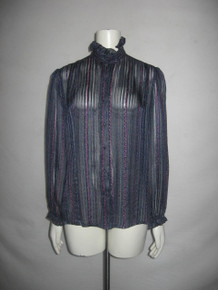 Vintage Lloyd Williams Limited Multicolor Floral Print Stripe Panels Ruffle Button Front See Thru Sheer Silk Blouse 