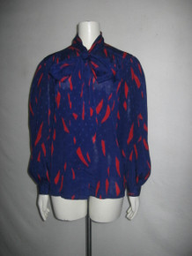 Vintage Navy Ernst Strauss Blue Red Printed Long Scarf Tie Neck Pussy Bow Poet Puff Sleeve Buttoned Tunic Blouse Top Disco
