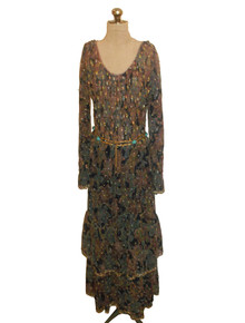 Vintage Valentina LTD See Thru Sheer Multicolor  Printed Sequins Embellish Ruffle Tier Long Boho Dress