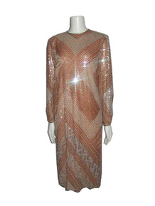 Vintage Diva Nude Silver Sequins Beads Metallic Embroided Embellished Puff Cinched Sleeve Slouchy Flapper Silk Dress w/ Side Slit