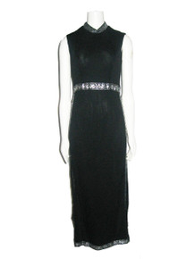 Vintage Made In USA Black Metallic Silver Ribbon Trim Long Hostess Mod Dress  w/ Long Side Slits 