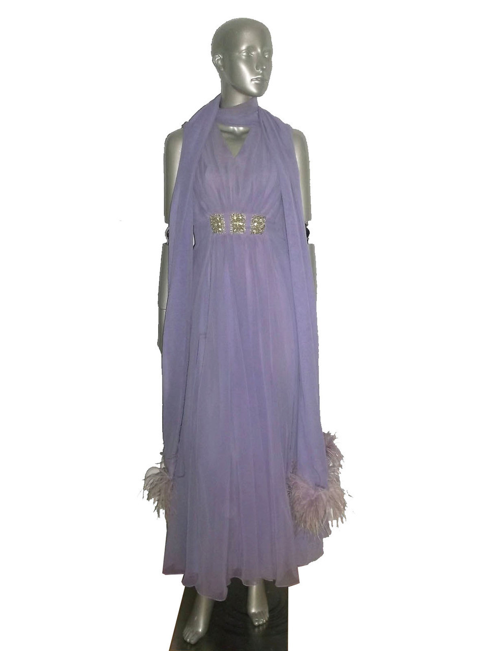 Vintage Park Avenue Lavendar Feather Boa Trim Sleeveless Long Gown Dress at Anvintro