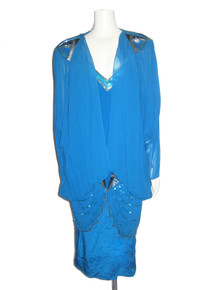 Vintage Teal Blue Avant Garde Plunging Neck Flapper Gatsby Multi-color Sequins Beads  Two-fer Silk Dress 