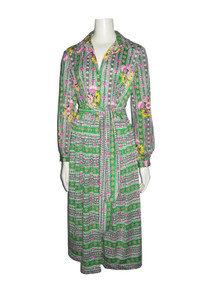 Vintage Questo Multi-color Printed Buttoned Shirtwaist Belted Dress