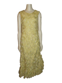 Vintage Edythe Yellow White Ombre Metallic Ribbon Work Beaded Sleeveless Bow Dress 